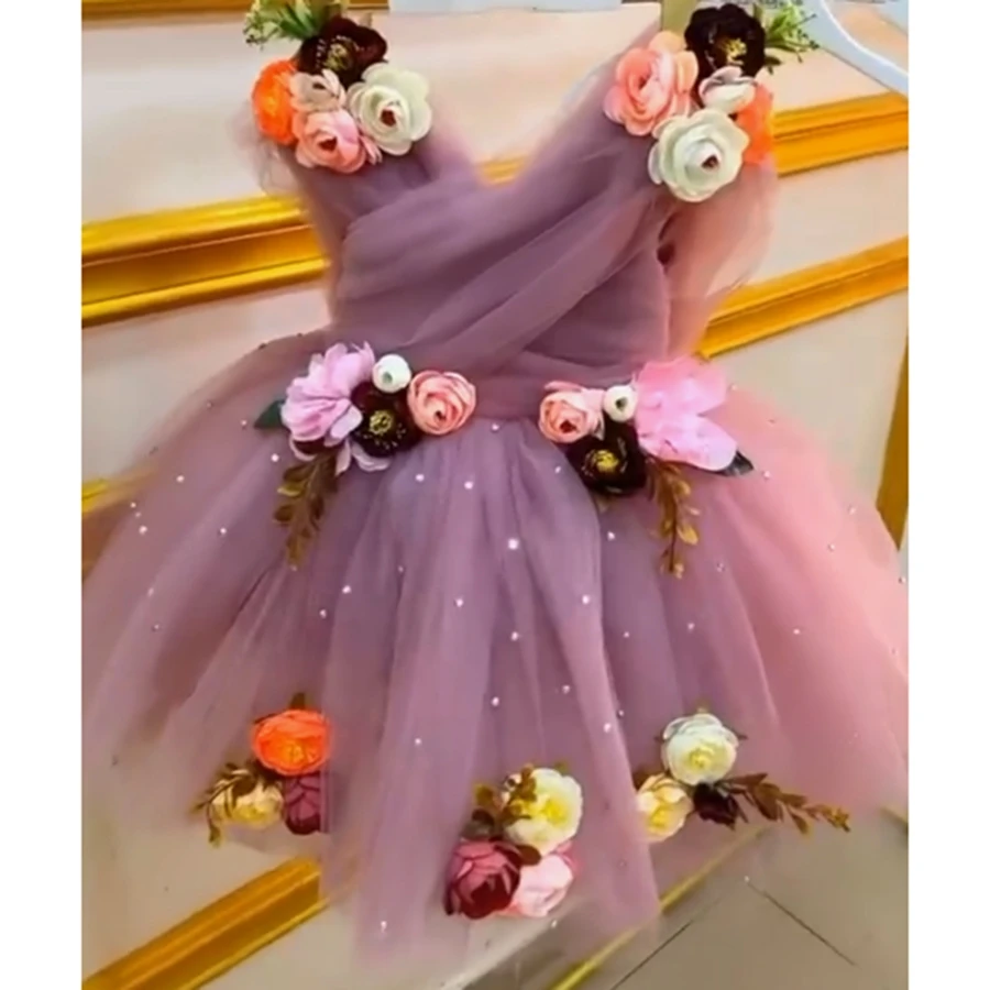 Roxo com decote em v vestido da menina de flor a linha crianças princesa renda 3d apliques chá comprimento casamento brilhante tule festa aniversário vestidos baile