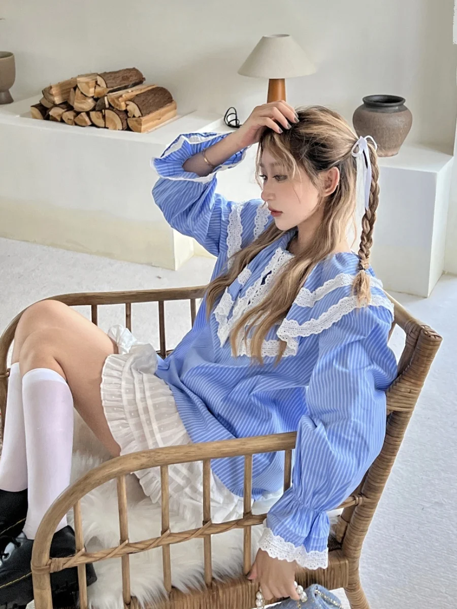 

NIIDAILY Корейская свободная блузка в синюю полоску с воротником-стойкой для женщин, осенняя повседневная одежда