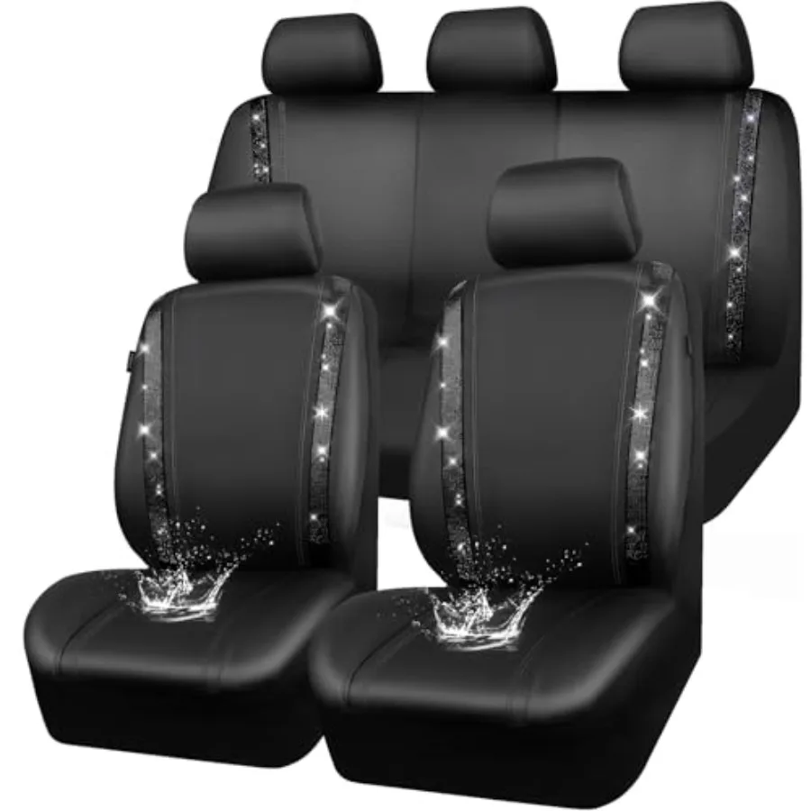 

Leather Bling Diamond Car Seat Covers Full Set Shining Rhinestone Waterproof Durable Rear with Zipper Universal Fit Automotive