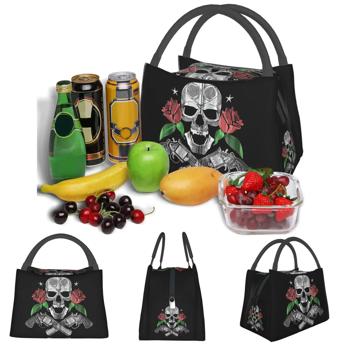 Red Roses With Guns And Skull Design Zip Hoodie Lightweight Handheld Insulated Lunch Bag Aluminum Foil Liner Travel Picnic