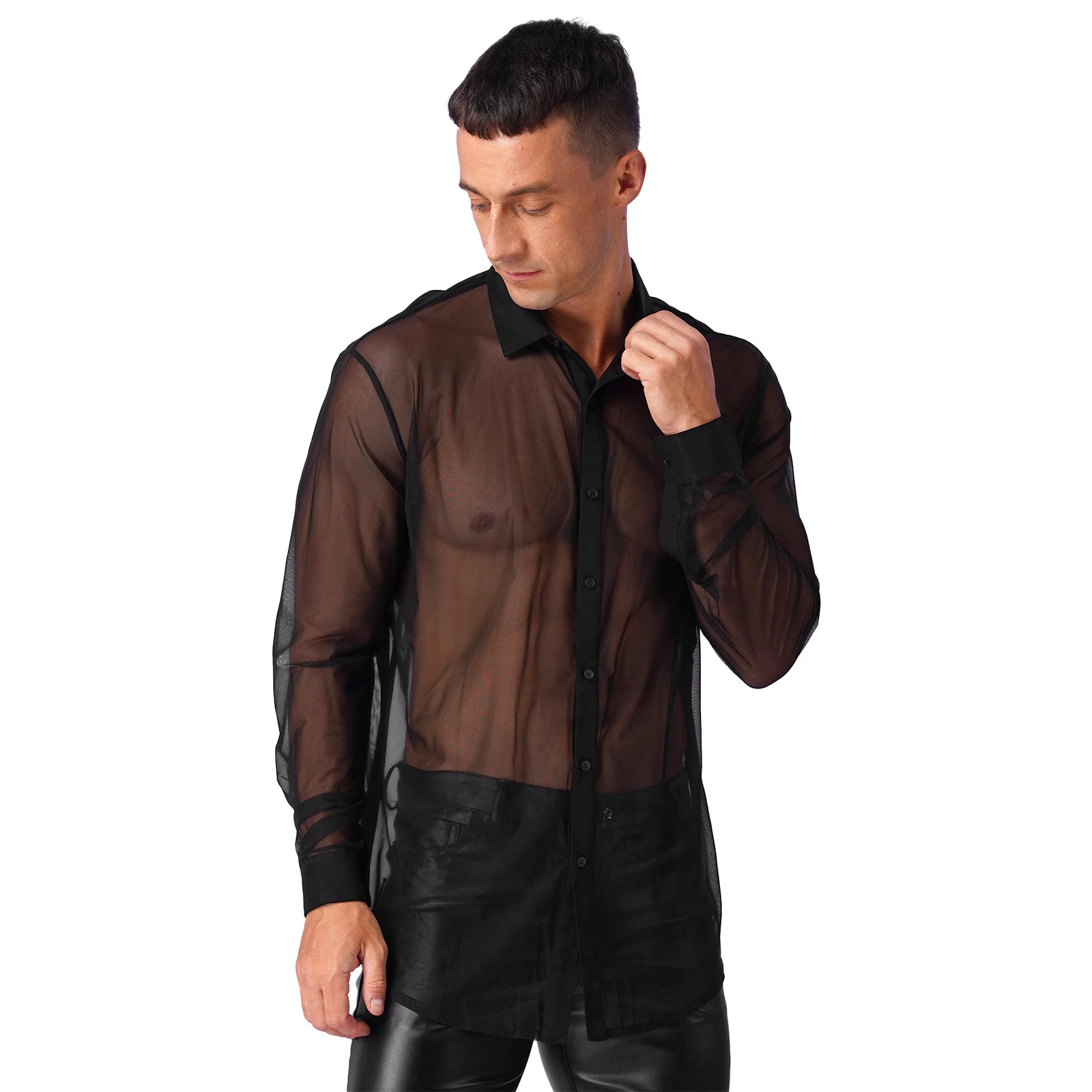 Iiniim camisa de manga larga con cuello vuelto para hombre, Top de malla transparente a la moda, camisas de aspecto húmedo para fiesta de noche y