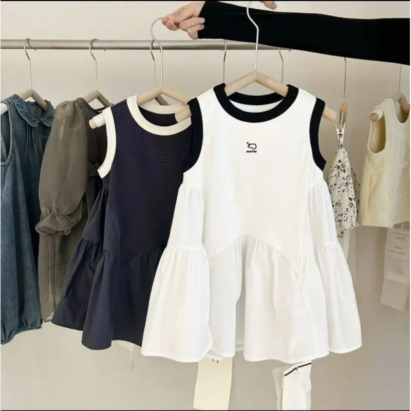 

Korean Minimalist 2024 Summer New Girls Spliced Crew Neck Sleeveless Casual Fashion Trendy Loose All-match Sweet Dresses