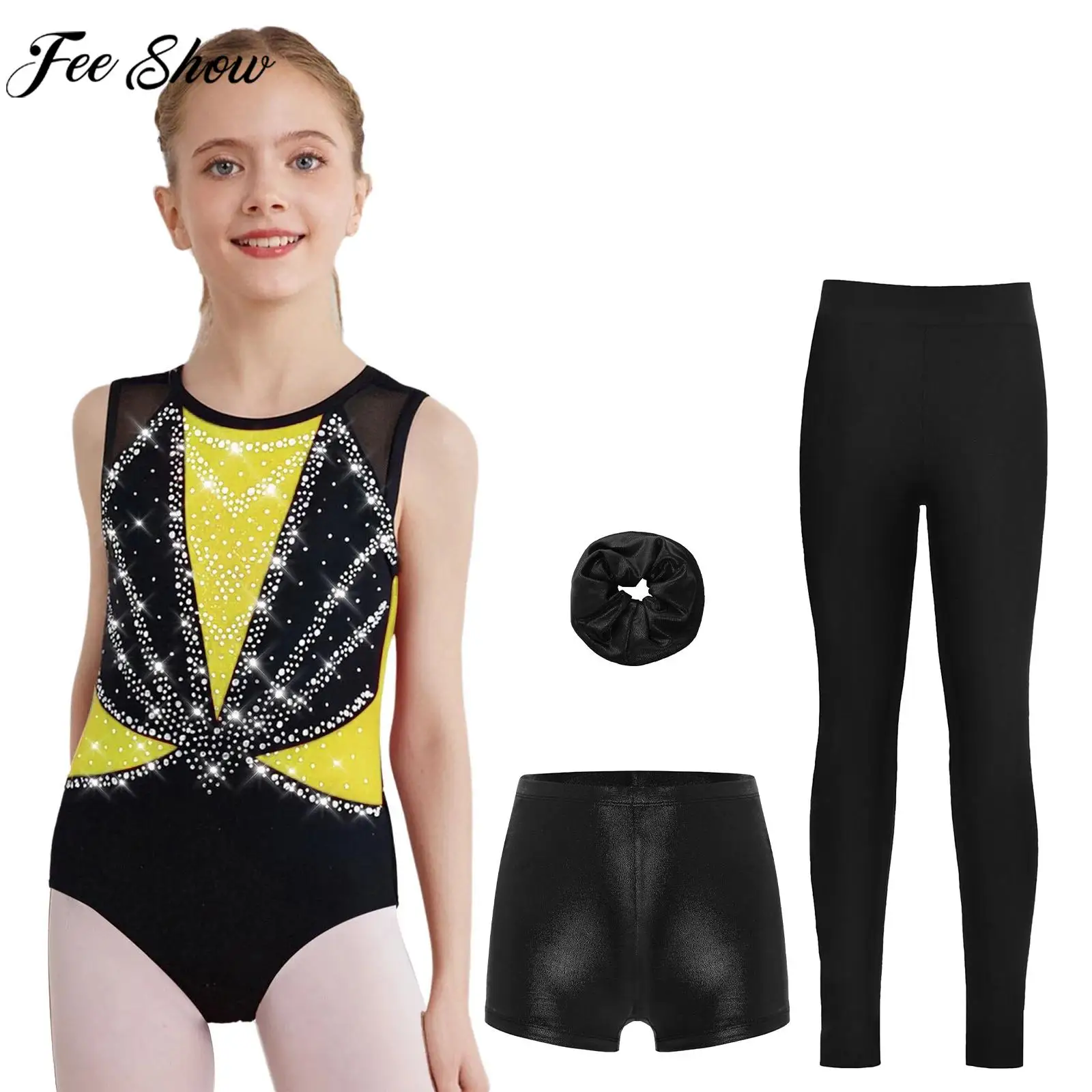 

6-16Y Girls Figure Skating Leotard Set Sleeveless Shiny Rhinestones Gymnastics Ballet Dance Acrobatics Yoga Bodysuit with Shorts