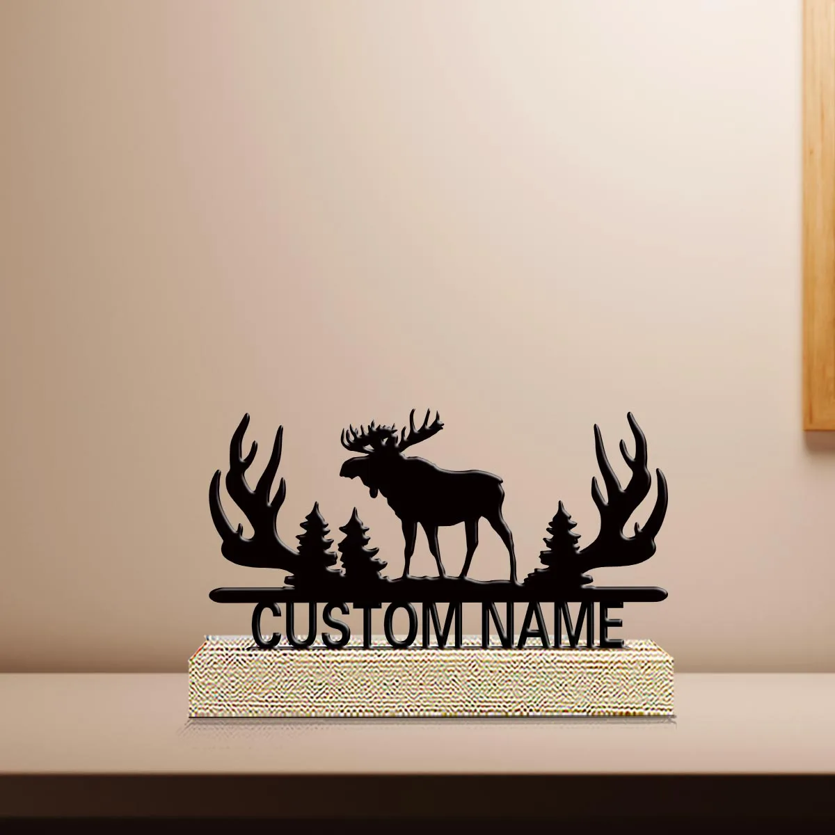 1pc Interesting Desktop Metal Statues Customizable Content With Wooden Base Art Decoration, Desktop Decoration