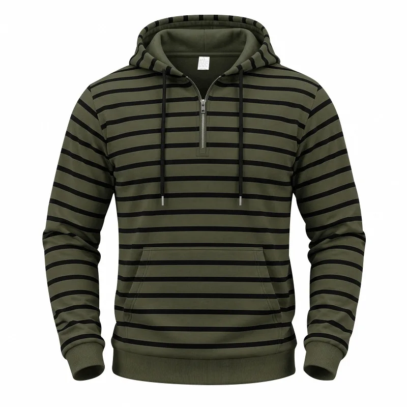 European and American hooded striped sweater retro heavy cuffs ribbed half-open placket casual long sleeves