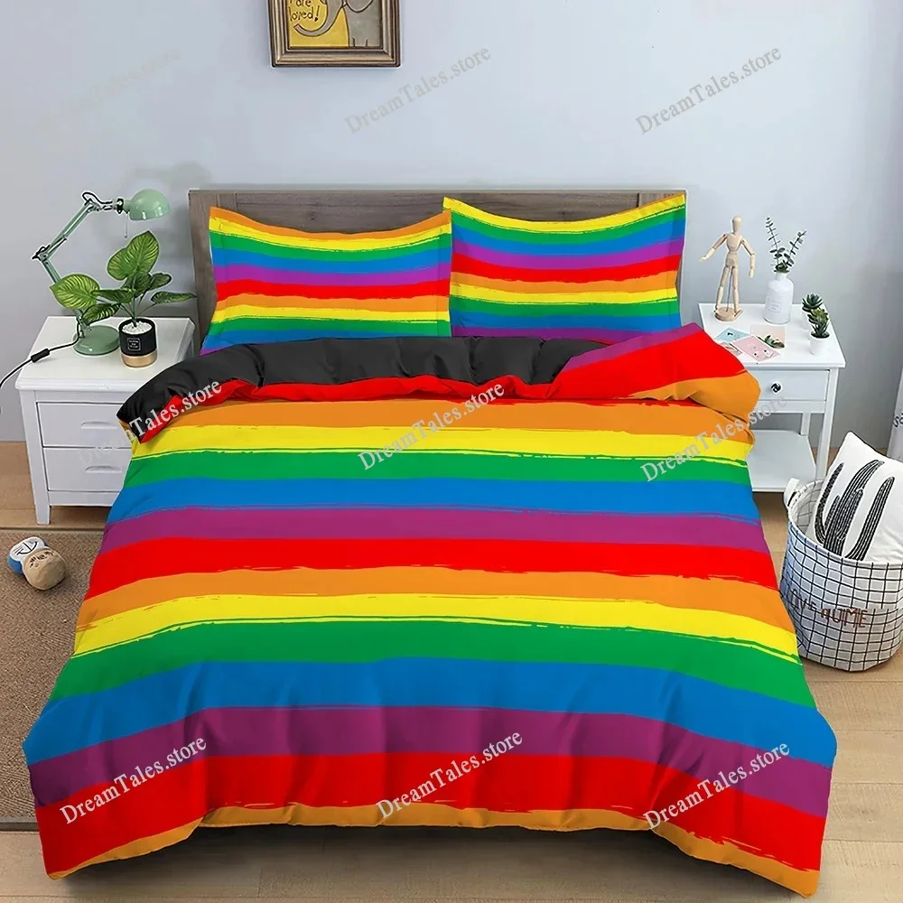 Rainbow Printing Bedding Set Colorful Stripe Soft,Comfortable and Breathable Comforter Cover King Queen Size Bedclothes Set741