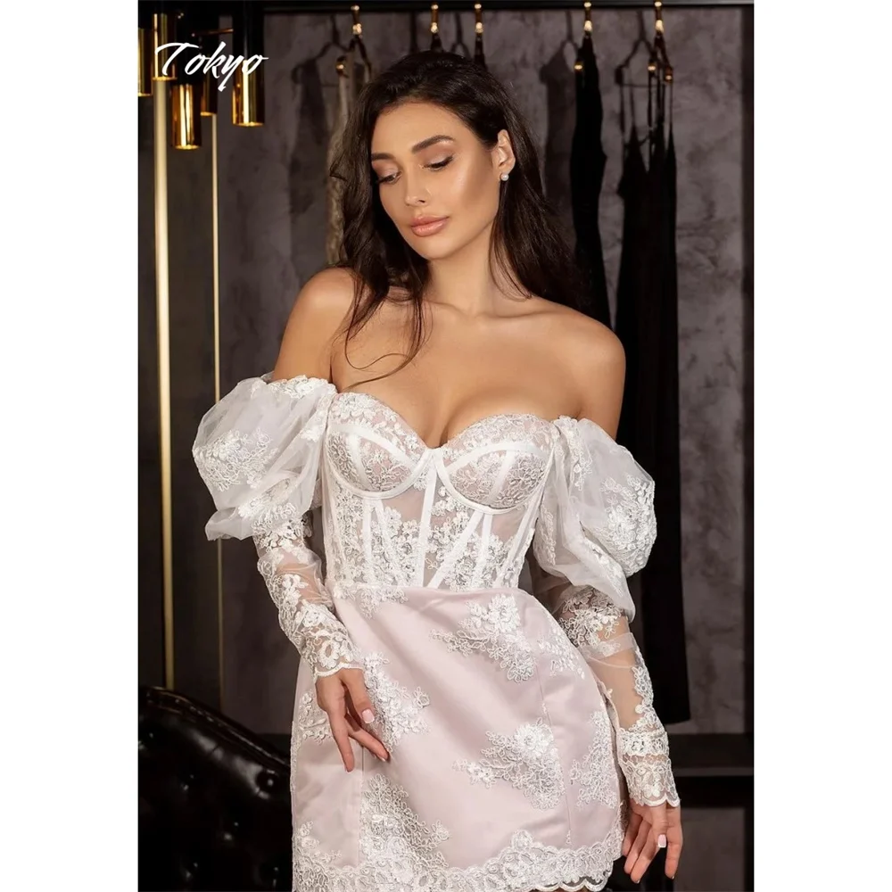 Tóquio personalizado branco fora do ombro vestido de casamento elegante mangas compridas rendas véu de noiva 2025 voltar zip mini vestidos de casamento