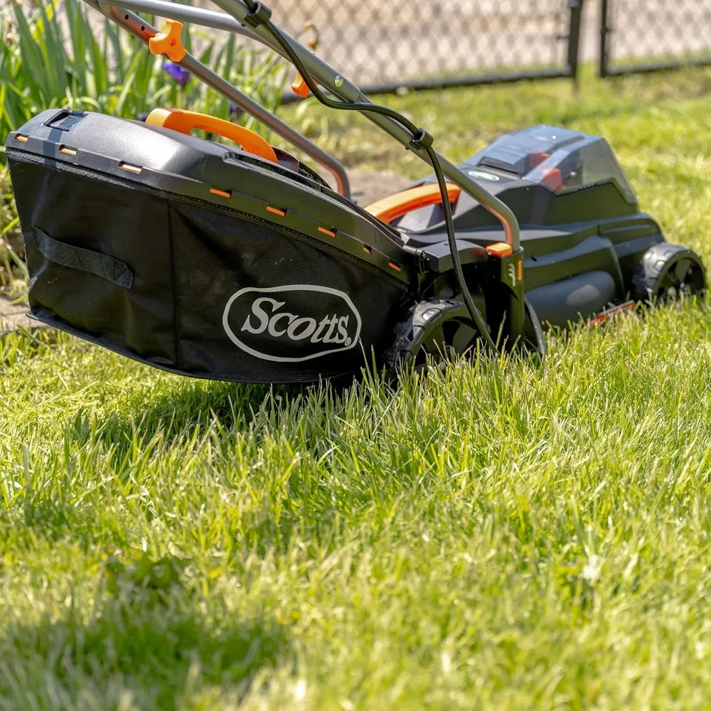 Cortador de grama elétrico sem fio Scotts de 20 volts e 16 polegadas com bateria de 5,0Ah e carregador rápido, preto/laranja