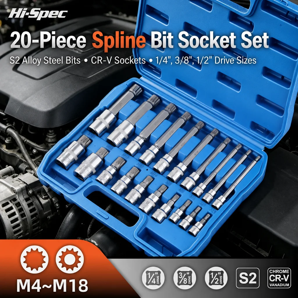 hi-spec-スプラインビットソケットセット-20個入り、m4～m18、s2鋼製ビット＆cr-v製ソケット、1-4インチ、3-8インチ、1-2インチドライブ、ケース付き、ショート＆ロングビット