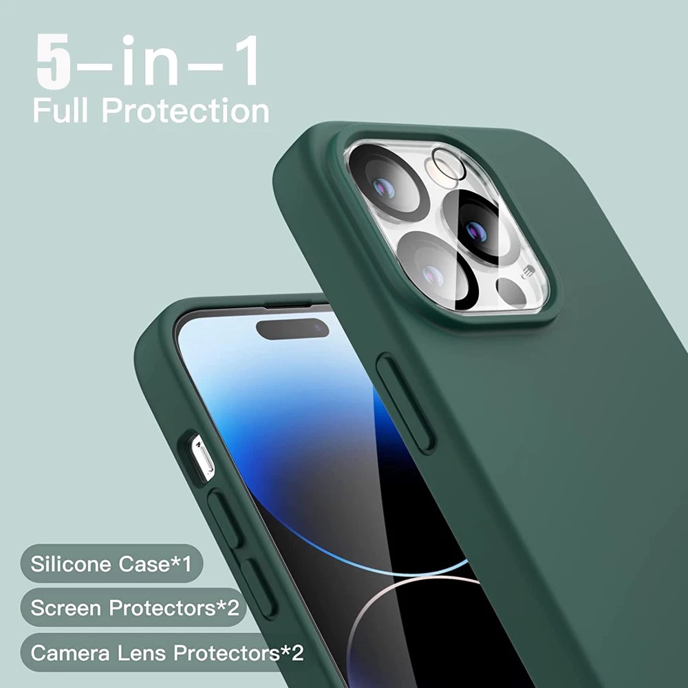 5 in 1 Phone Case for iPhone 12 Pro Max 14 13 Mini 11 Silicone Mobile Cases with 2 Pack Screen Camera Lens Protector Back Cover