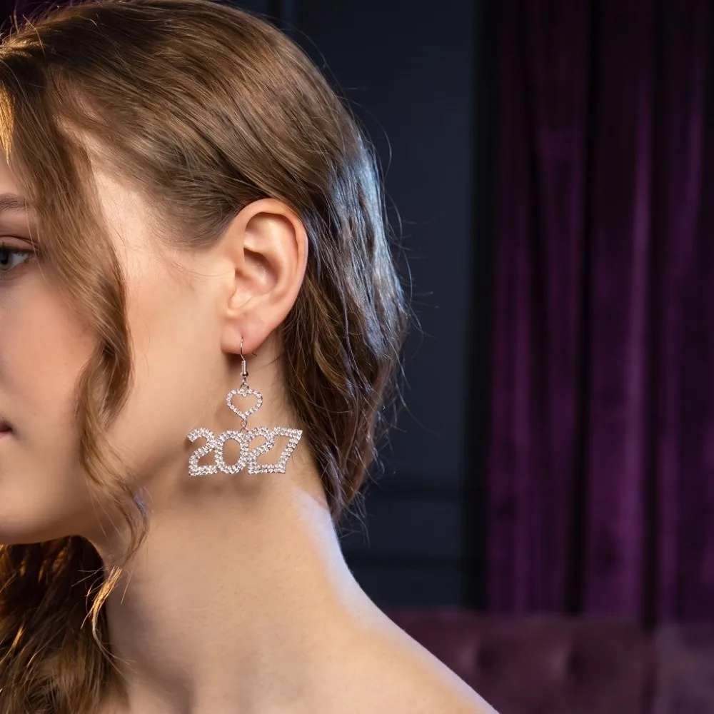 Elegant 2027 Digital Earrings Hollowed-out Fashion Long Drop Happy New Year Earrings Heart-Shaped Rhinestone