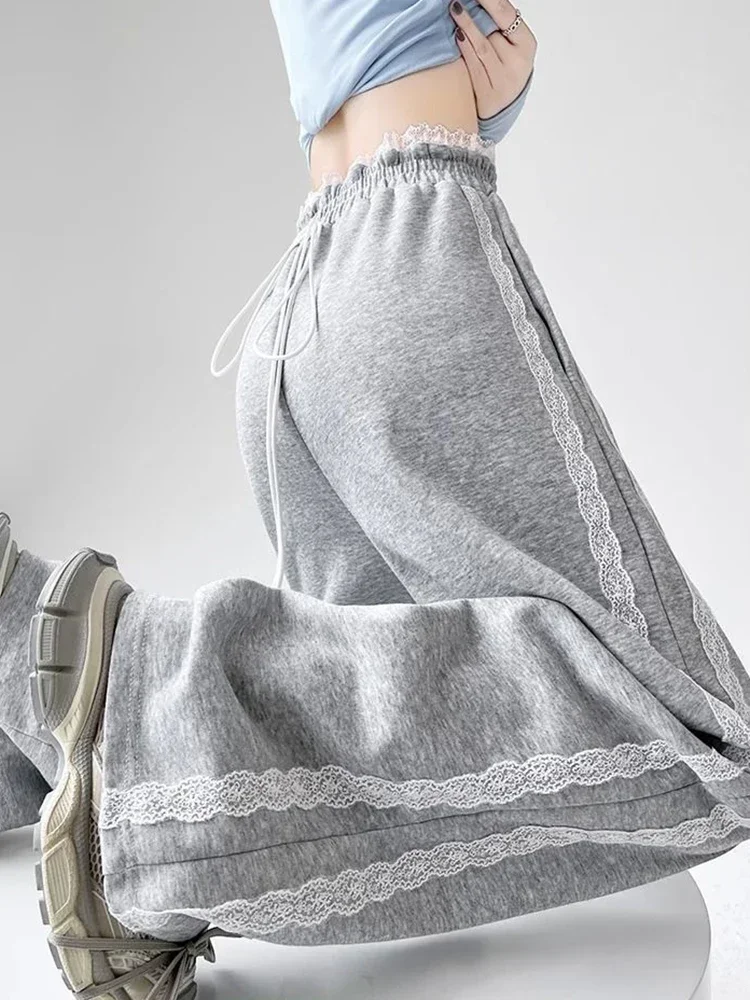 Korean Lace Striped Sweatpants Women Streetwear Loose Y2K Vintage Wide Leg Pants High Waist Casual Patchwork Bf Lace Up Trousers