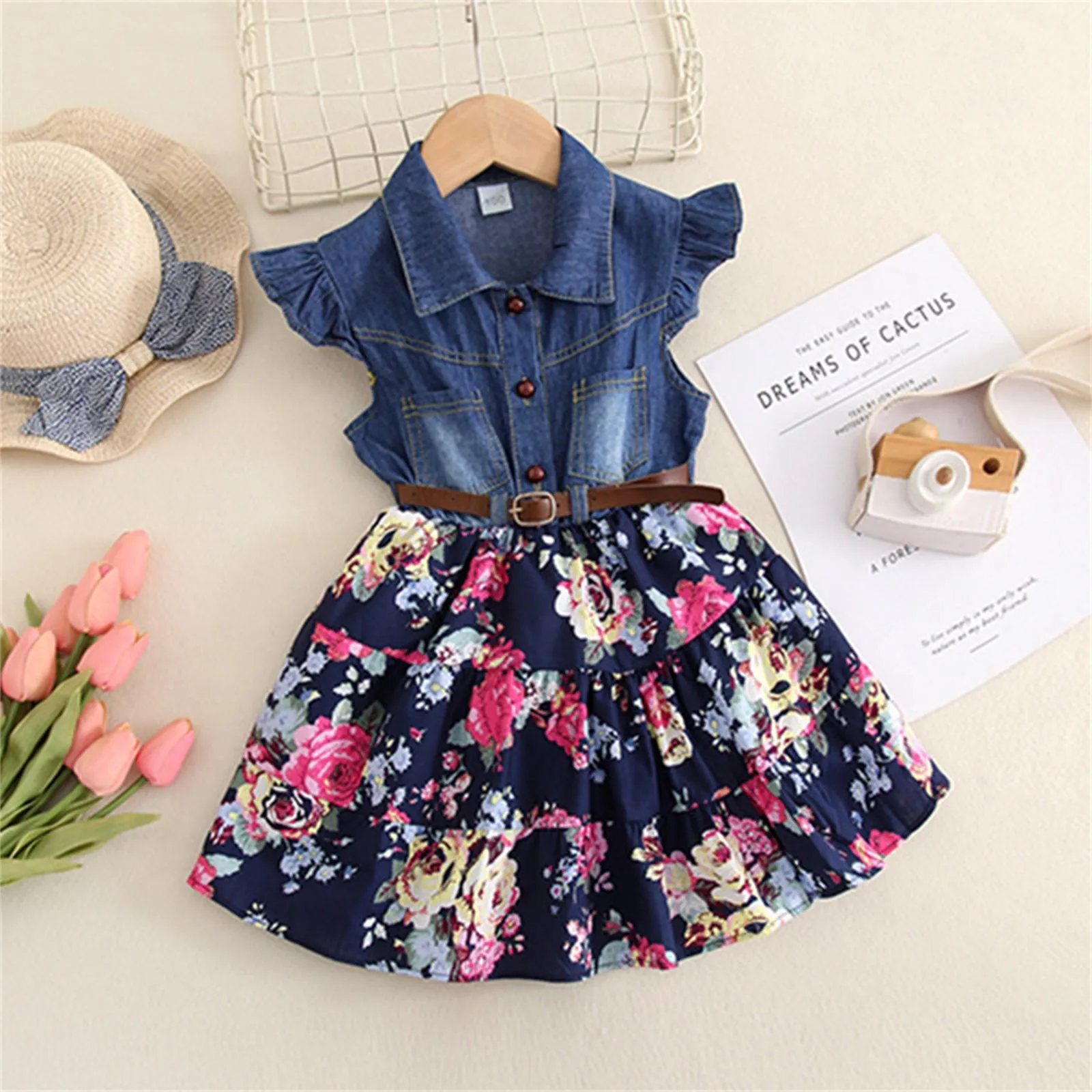 Bohemian Style Girls Summer Denim Dress Floral Frocks Children Chic Belted Robe A Line French Style Casuals Dresses For 1-9Years