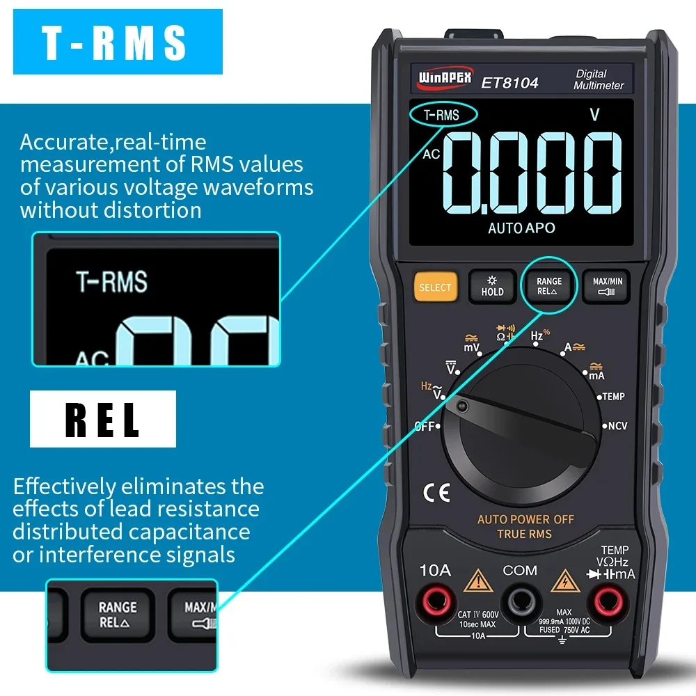 WINAPEX ET8104 Handheld 9999 Counts Digital Multimeter AC/DC 750V/1000V NCV LCD Display Multimeter For Home Appliance Repair