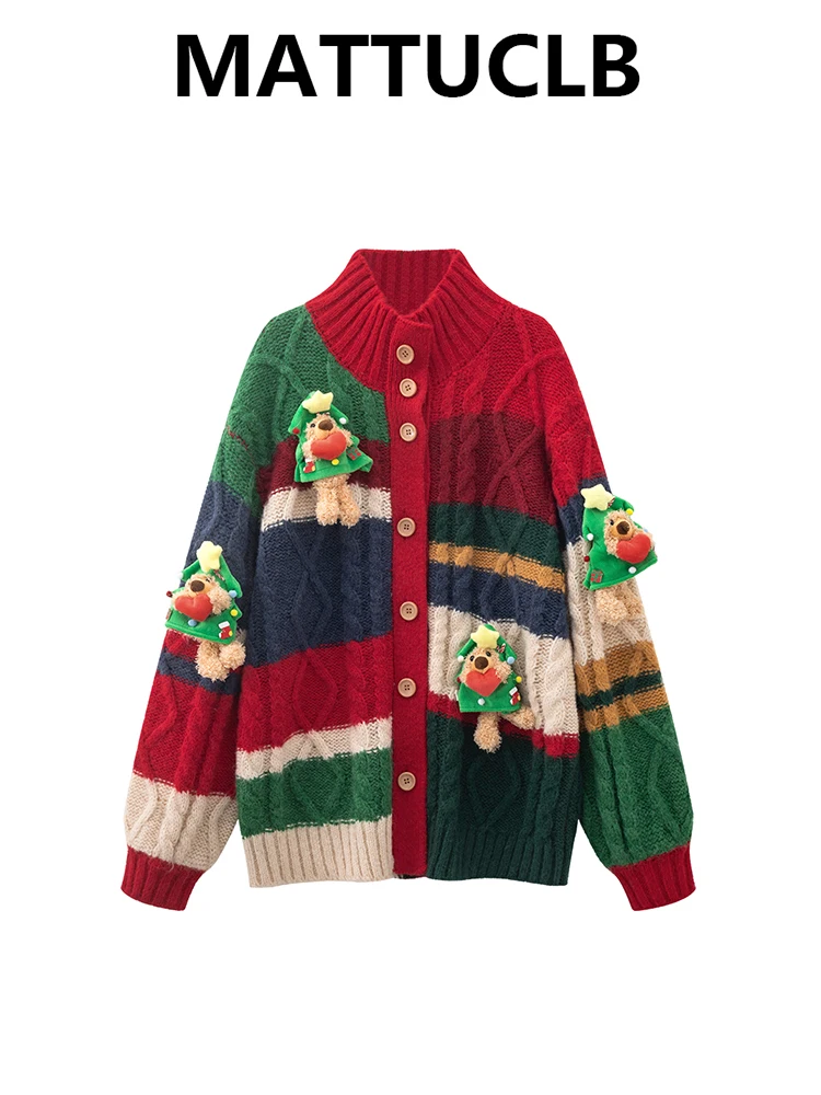 

Winter Women Turtleneck Long Sleeve Sweater Contrast Color Knitwear Christmas Sweater Cardigan Jacket Thick Coat Warm Cozy New