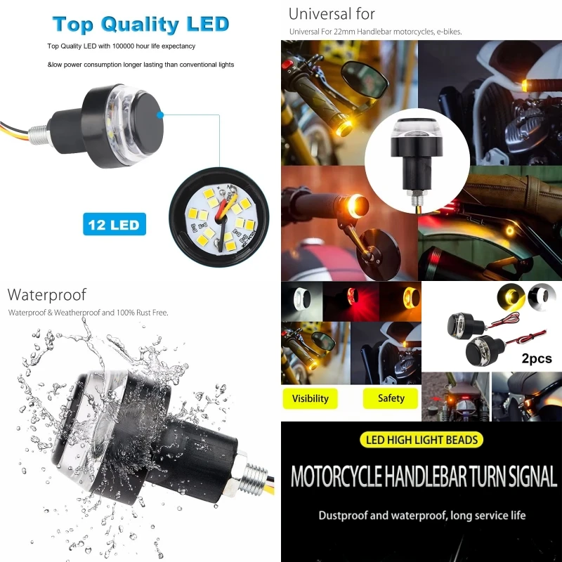 

2Pcs 12V Turn Signal Motorcycle LED Handle Bar End Blinker 22mm Handlebar Signal Light Vehicle Modification Styling Accessories