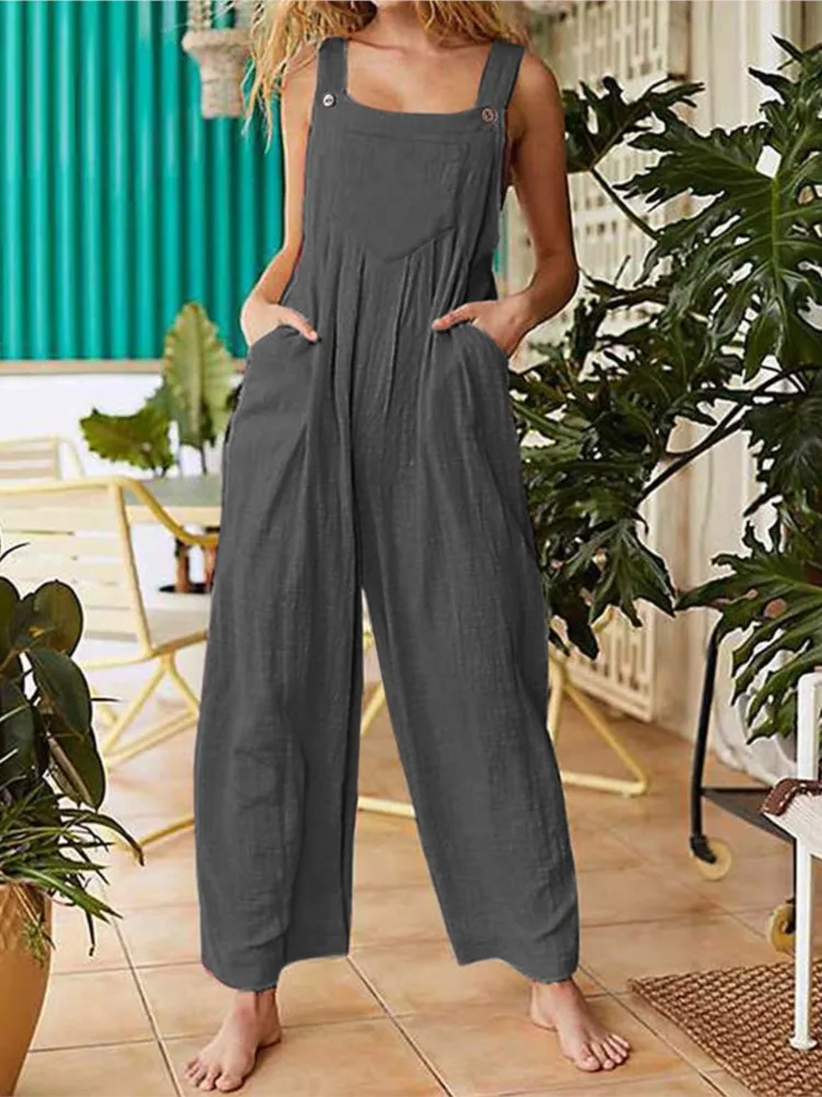 Women Summer Boho Jumpsuit Overalls Solid Ethnic Style Square Neck Sleeveless Casual Jumpsuit Pockets Loose Pants Jumpsuits 2024