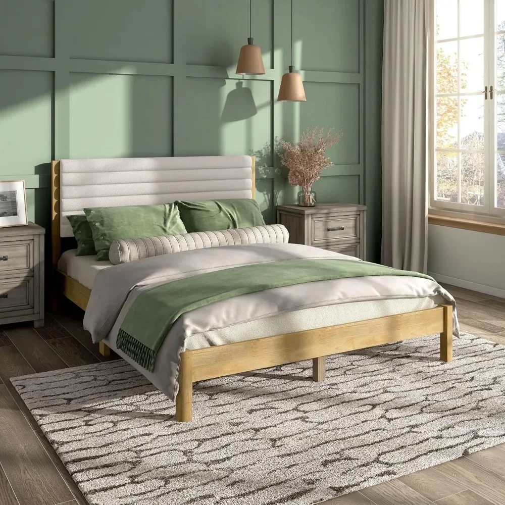 Modern Boucle Queen Platform Bed Frame with Horizontal Channel Tufted Headboard and Solid Wood Slats for Bedroom, Guest RoomZL