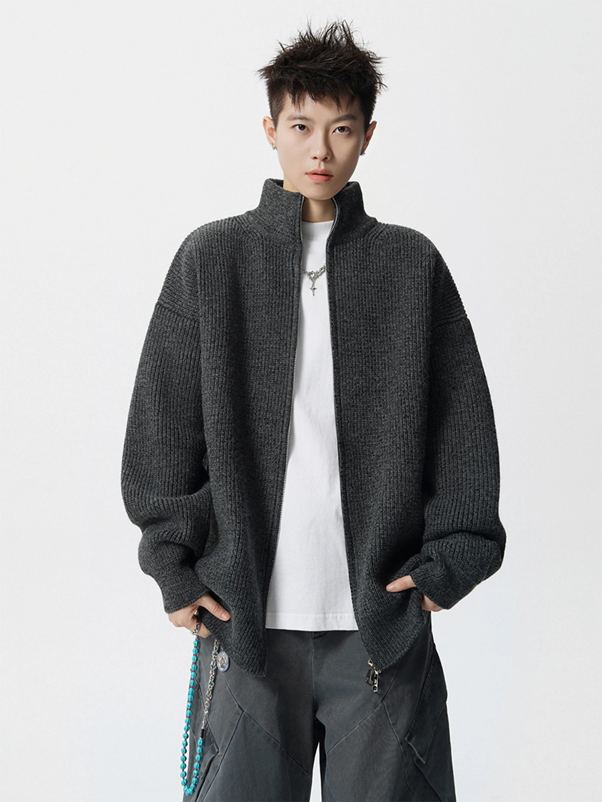 American Style Double Zipper Floral Gray Stand Collar Knitted Cardigan Men Autumn Winter Loose Casual Versatile Black Sweater