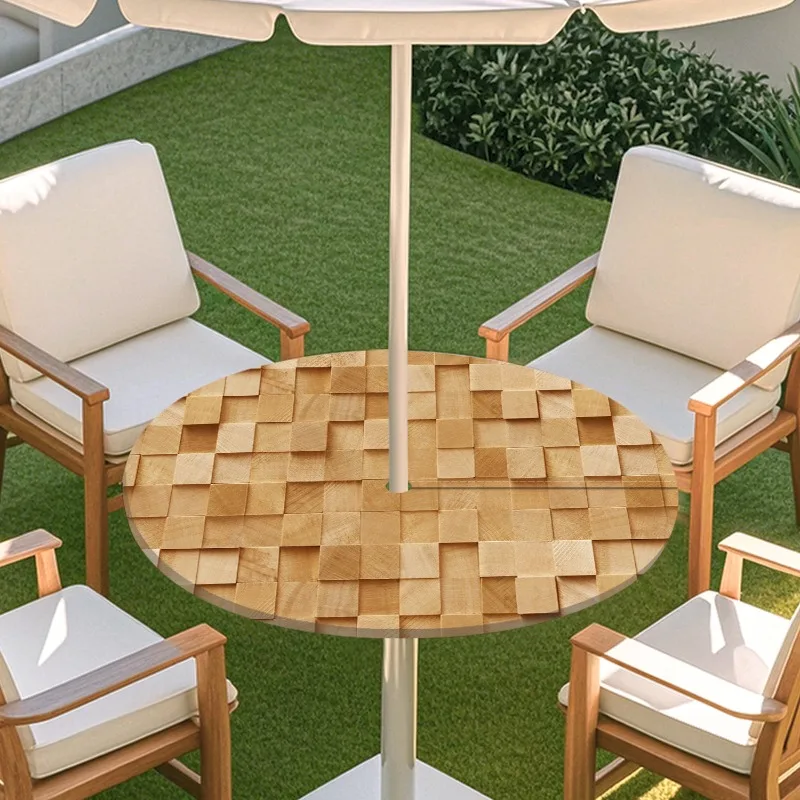 Outdoor Umbrella Hole Round Printed Table Cover Waterproof Dining Picnic Camping Courtyard Tablecloth Elastic Fitted Table Cloth