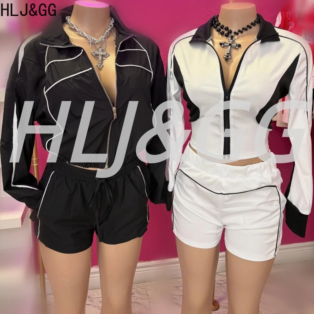 

HLJ Повседневные осенние новые спортивные комплекты из двух предметов, женский топ на молнии с длинными рукавами и шорты на шнурке, женские костюмы из 2 предметов
