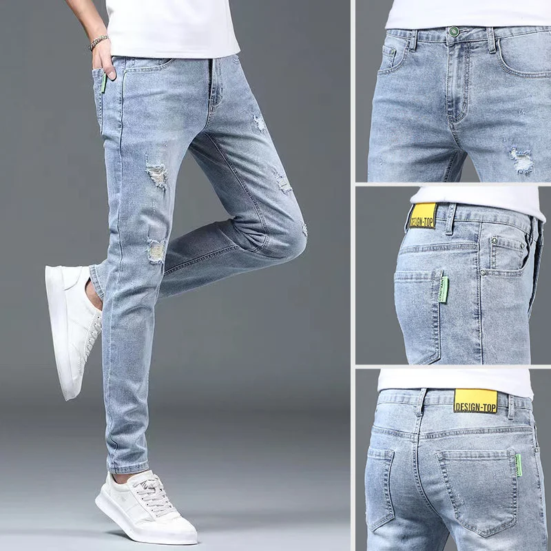 

Летние тонкие легкие джинсы с дырками, мужские модные свободные прямые эластичные длинные брюки в корейском стиле, модные брюки для парней
