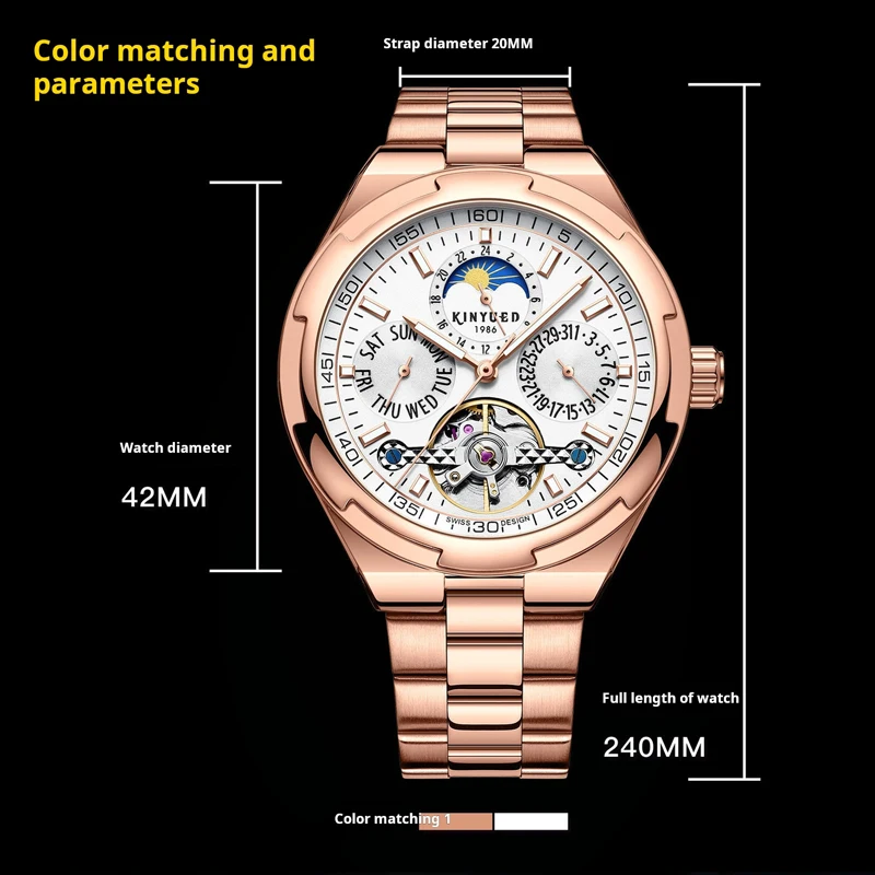 KINYUED 高級ブランドメンズ機械式時計ステンレス鋼防水ウィークデイトムーンフェイズ自動トゥールビヨン腕時計メンズ