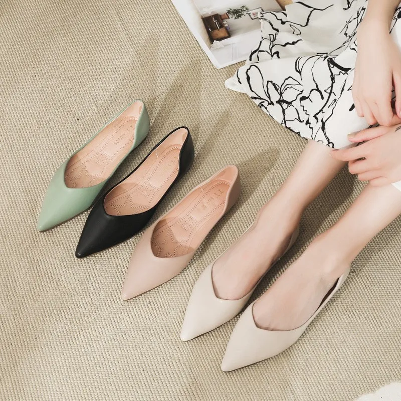 Shoes for Women Solid Color Artificial Leather Pointed Toe Women Flats Size 31-46 Basic Simple All Match Slip on Ballet Flats