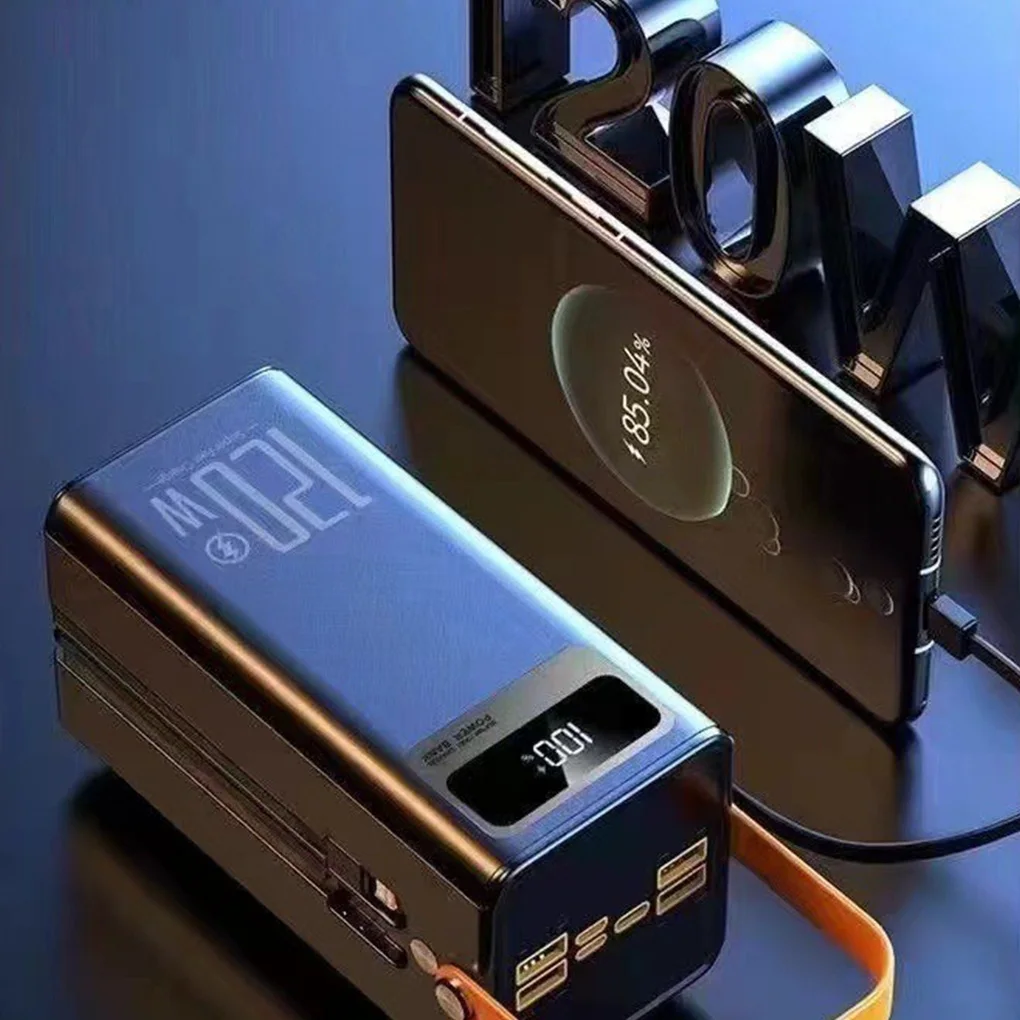 แผงโซลาร์เซลล์ 30000mAh Power Bank 120w ชาร์จเร็วมาพร้อมกับชุดแบตเตอรี่ภายนอกสี่สายพร้อมไฟฉายสําหรับกลางแจ้ง ﻿