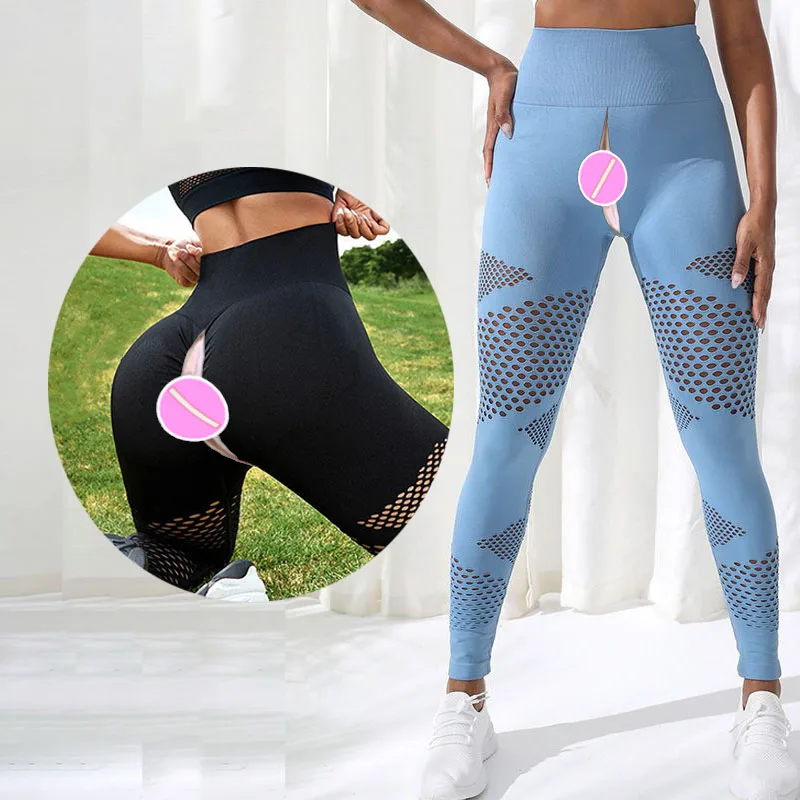 Outdoor Workout Pants Peach Hip High Waist Sexy Invisible Open Crotch Sex Pants Seamless Tight Hollow Yoga Leggings for Women