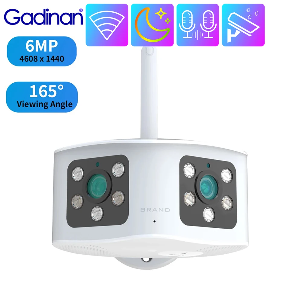 

Панорамная камера с двумя объективами Gadinan 6MP 4k, уличная, домашняя, Wi-Fi, PTZ, камера безопасности 165, Ультра широкоугольный цвет, ночное видение, слежение за ии