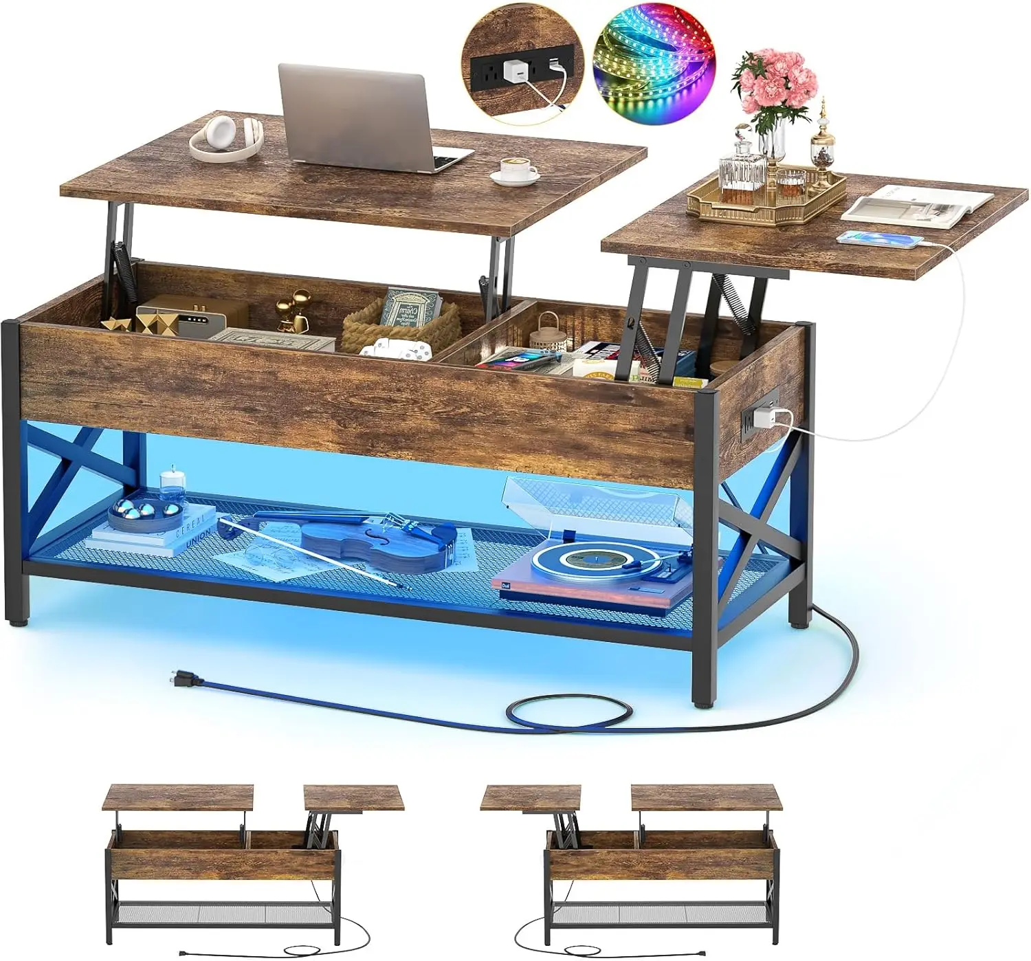 

Современный журнальный столик с подъемной столешницей, LED-подсветкой, розетками, USB-портами и полкой для хранения для гостиной