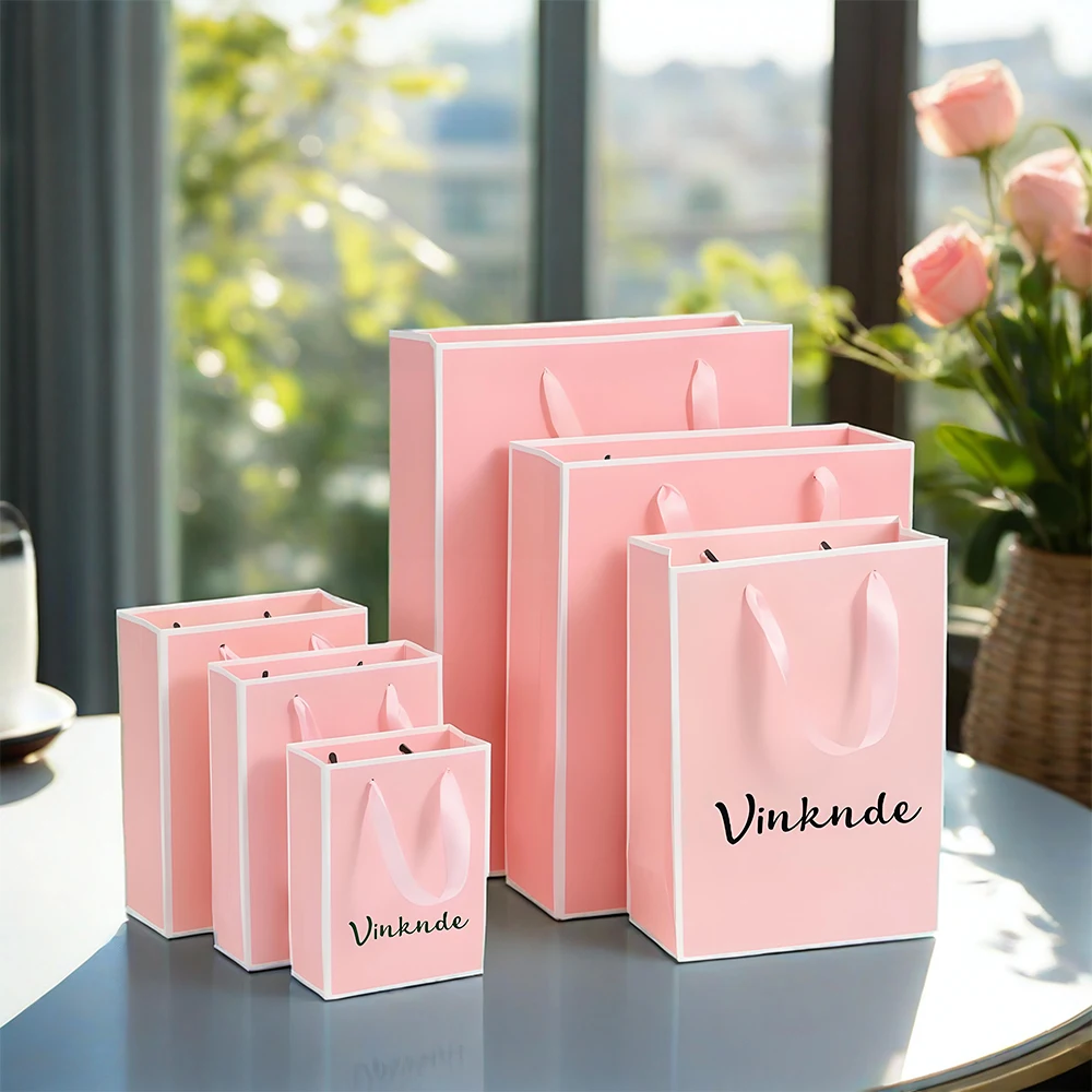 

100pcs Pink Packaging Tote Bag for Clothing Jewelry Gift With Ribbon Handle Paper Bags Customized Logo Reusable Shopping Pouches