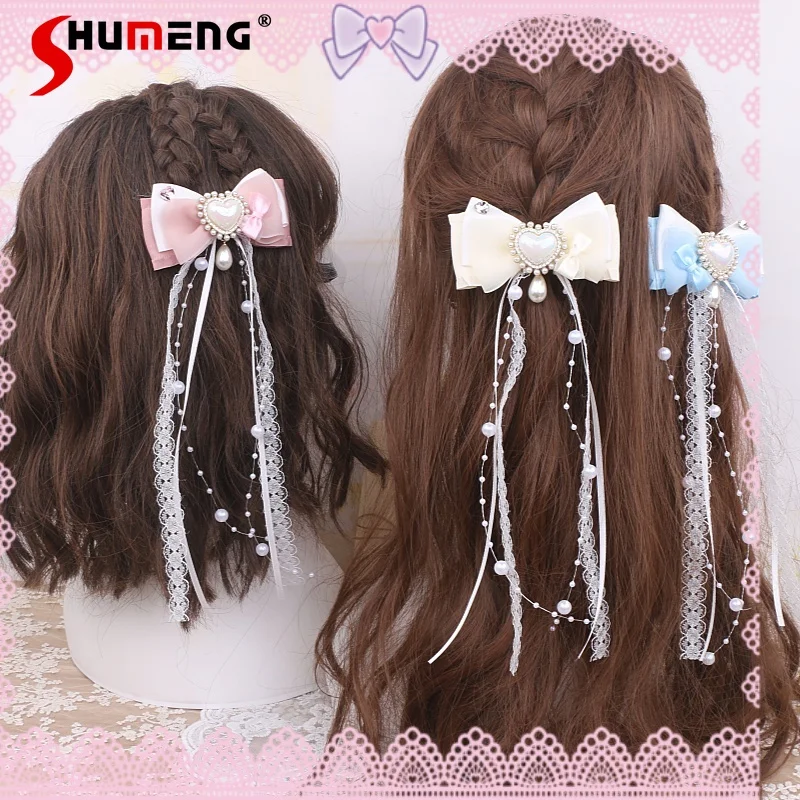 

Japanese Sweet Cute Handmade Lolita Hair Accessories Side Clip Pearl Tassel Heart Bow Kawaii Versatile Hair Clips Women Headwear