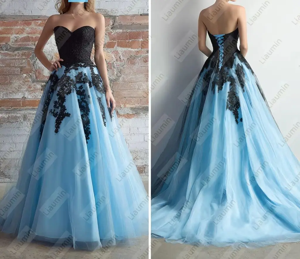 

Сине-черное кружевное платье без бретелек с аппликацией длиной до пола, вечернее свадебное вечернее платье на шнуровке сзади, индивидуальный заказ A7-1,85