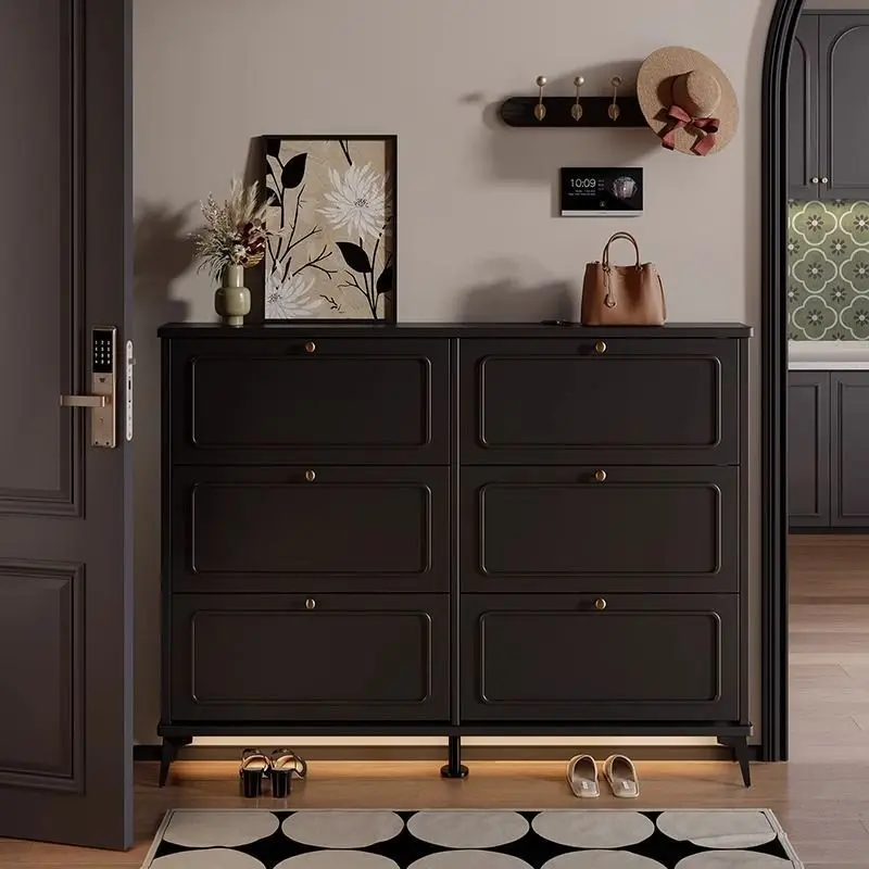 

Black solid wood shoe cabinet, outer corridor entrance, indoor extremely narrow tipping bucket entry storage cabinet integrated