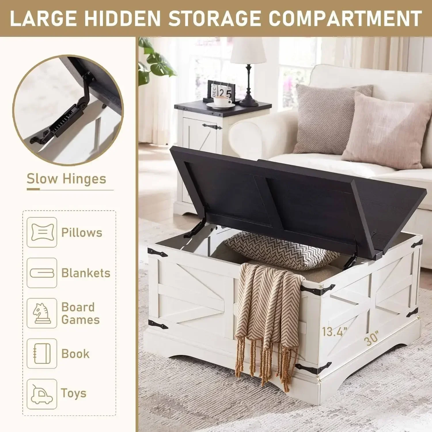 Farmhouse Coffee Table, Square Wood Center Table with Large Hidden Storage Compartment for Living Room, Rustic Cocktail Table