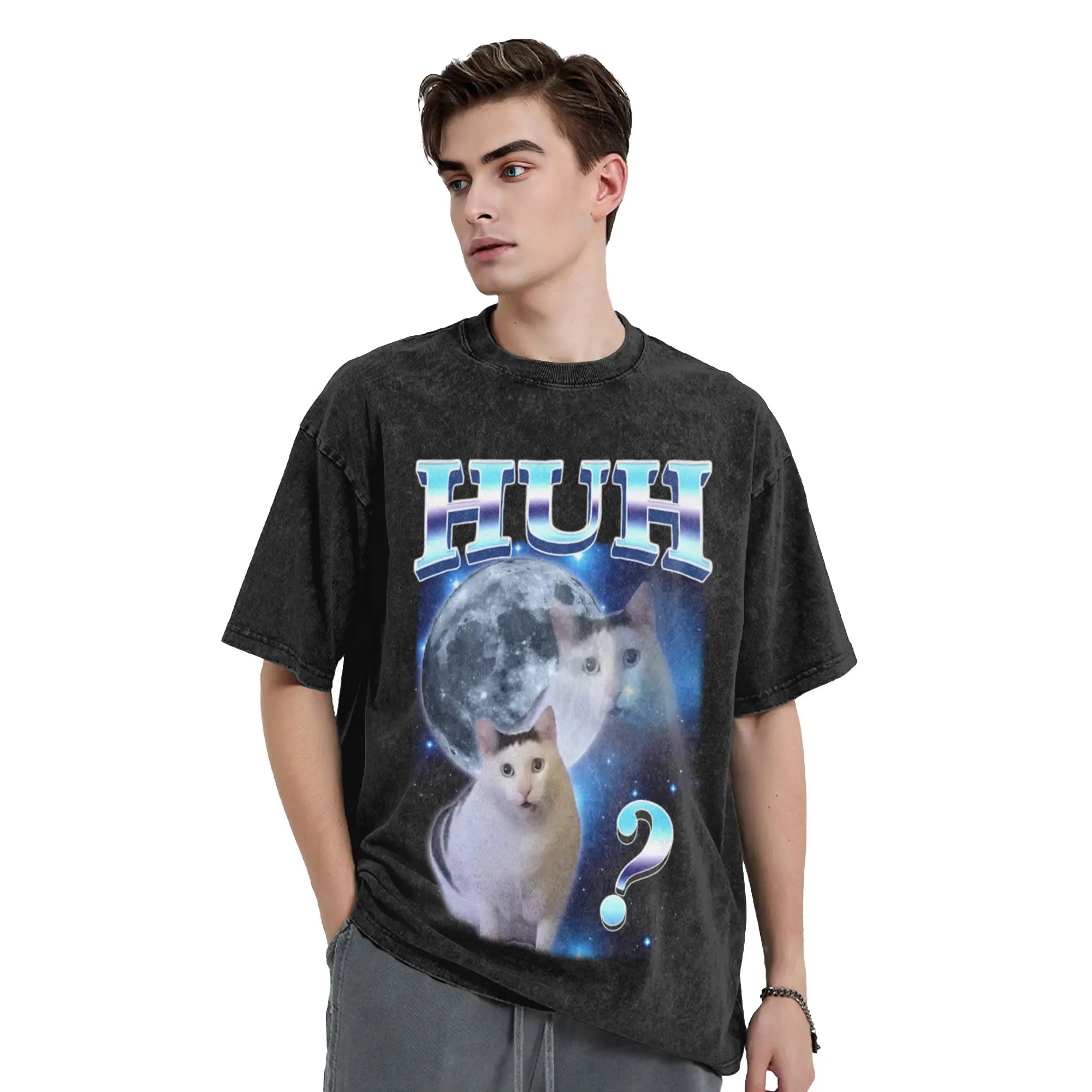 Huh Cat Funny Dank Meme Moon Unique Stylish A Vintage Oversized Cotton Unisex T-Shirts