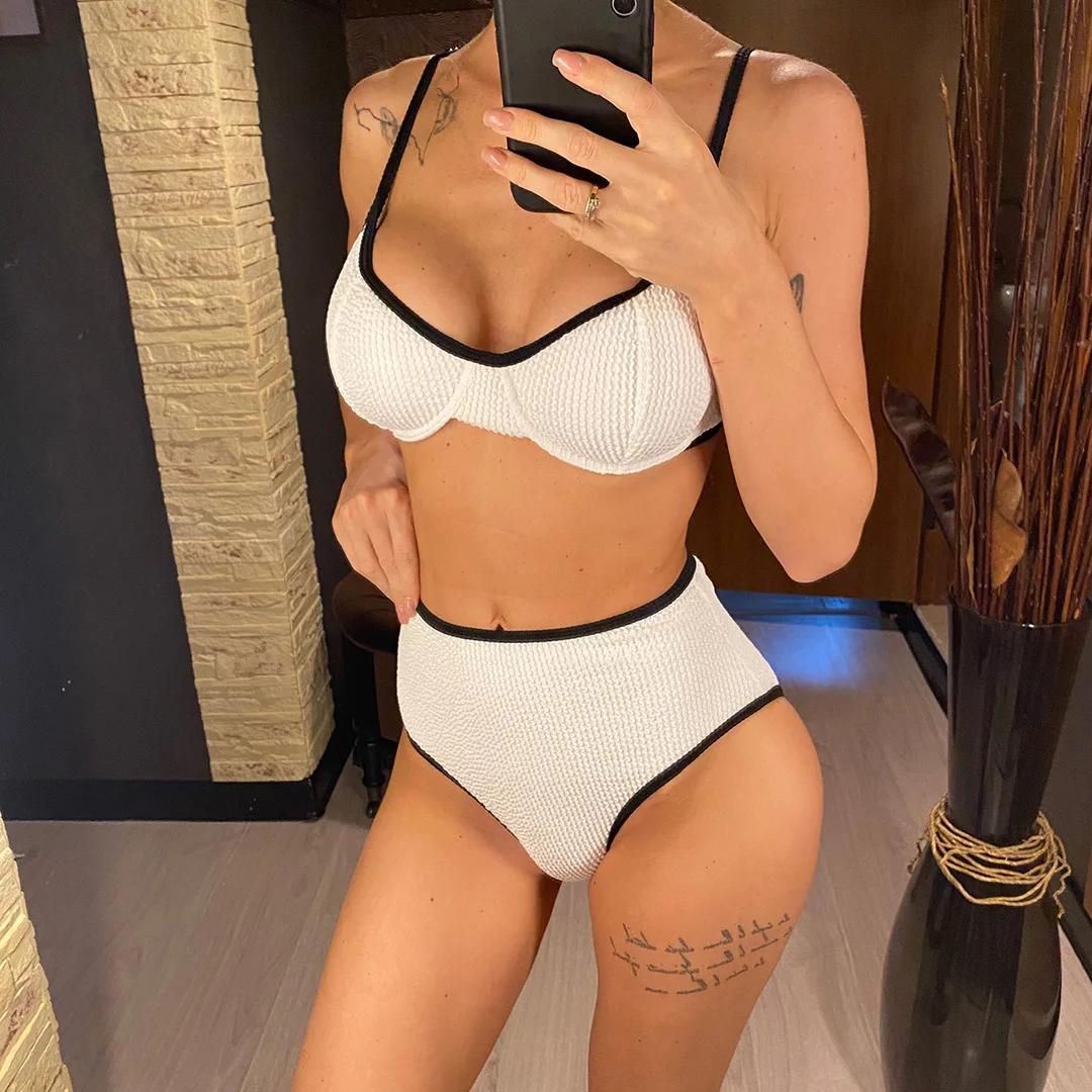 Gefältiger, geraffter, mit Bügel verstärkter Damen-Badeanzug, Bikini mit hoher Taille, zweiteiliger Bikini-Set, Badebekleidung, Badeanzug V5218 – Detail 3
