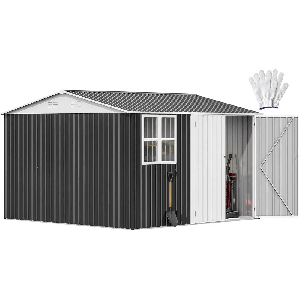 

10' x 10' Outdoor Storage Shed, Waterproo Metal Garden Shed with Windows, Lockable Do, and Sloped Roo or Patio, Backyard, Lawn,