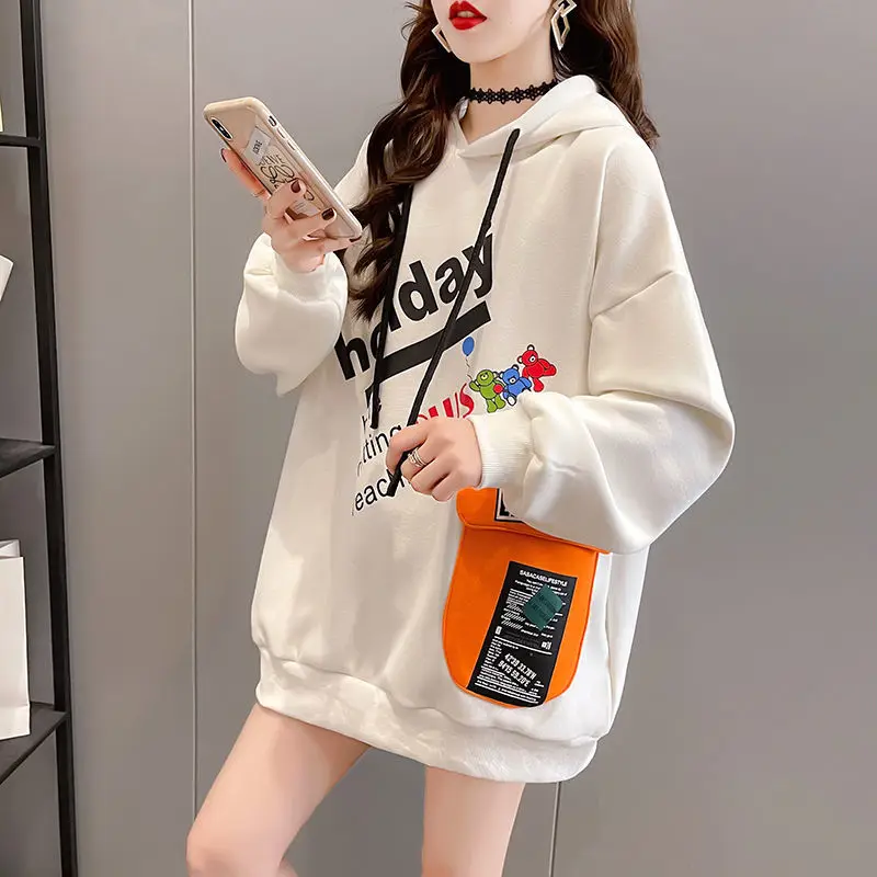 Street Casual New Lacing Thin Hoodies Spring Autumn Long Sleeve Print Letter Loose Pullovers Top Fashion Vintage Women Clothing