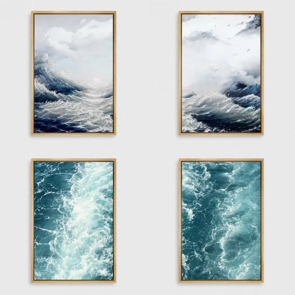 Multiple sizes 1pc frameless Canvas Painting,Blue Ocean Wave Seascape Poster Prints Coastal Cottage Minimalist Modern Abstract L