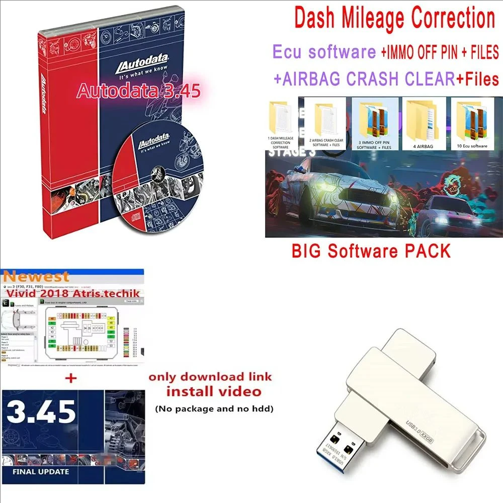 Newest Autodata 3.45 IMMO OFF SOFTWARES+Software Vivid 2018 Workshop+DASH MILLEAGE CORRECTION+AIRBAG CRASH CLEAR/TOTAL 32GB Pack