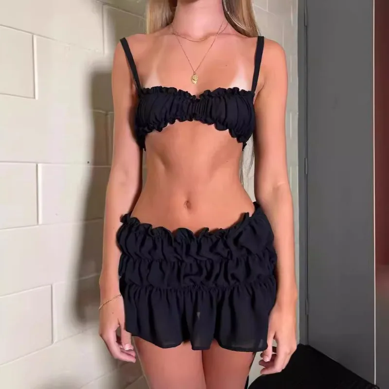 

Горячий костюм для девочек для женщин Javascript2025, новый жилет на подтяжках Pure Desire, топ с высокой талией и рюшами, короткая юбка, шорты