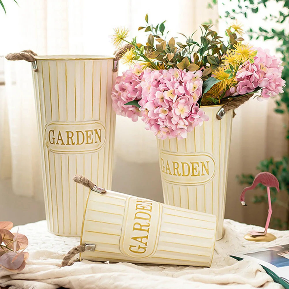 

Retro Tin Metal Planter Beige Dried Plant Container Vintage Floral Arrangement Container Office Home Study Metal Bucket Room
