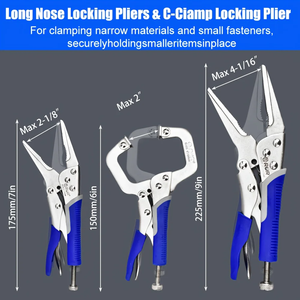 Tools Set 6pcs Locking Pliers Set, 6-1/2", 9-1/2" Needle Nose Vice Grips, 5", 7" And 10" Curved Jaw Vise Grip, 6" C-clamp Locking Pliers, Fast Release with Rolling Pouch view 3