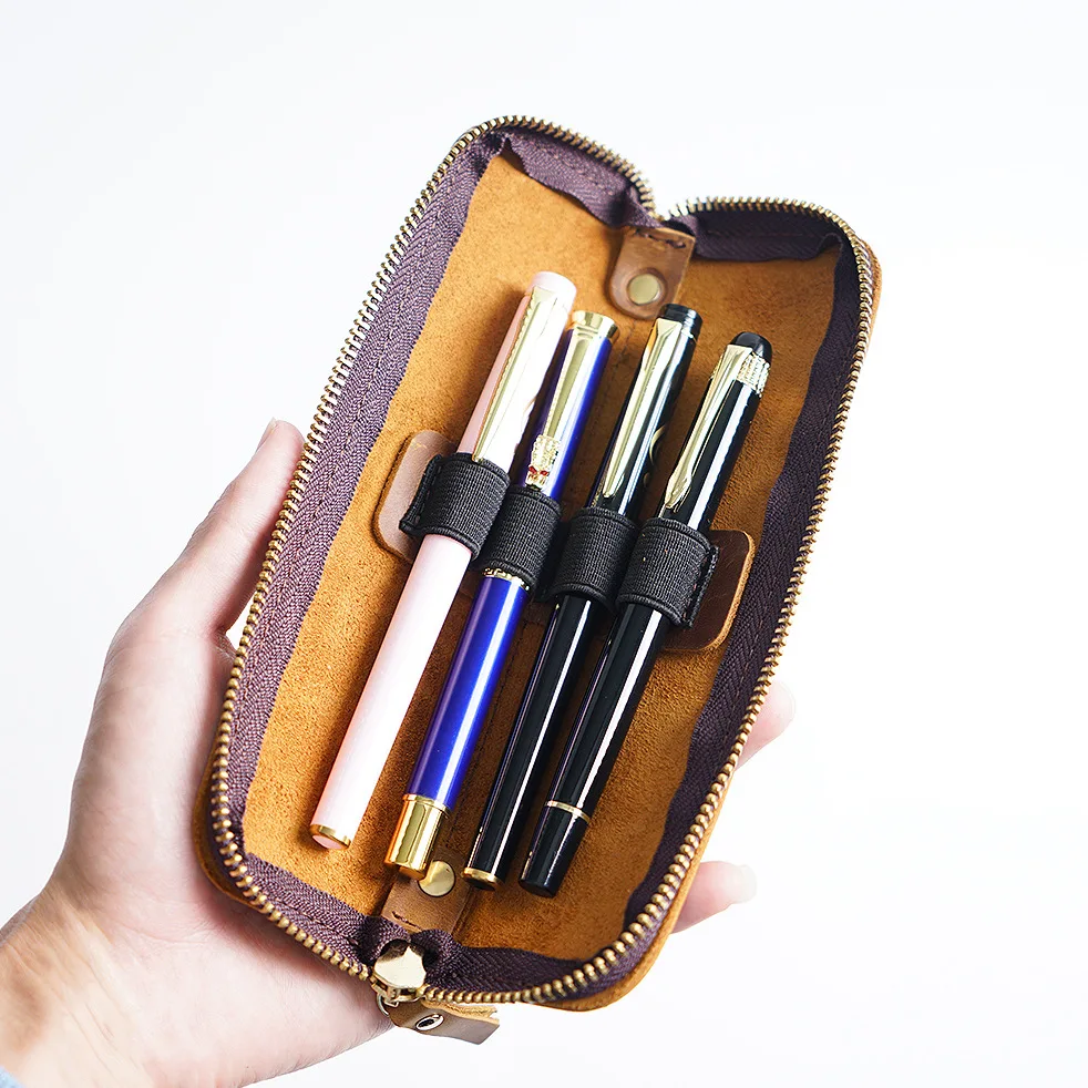 Handmade Retro Genuine Leather Pen Bag Large Capacity Cowhide Zipper Pencil Case Holder Glasses Case Pure Cowhide