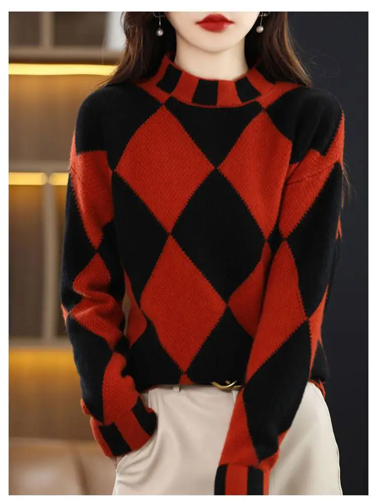 Women's Autumn And Winter Colored Checkered Half High Neck Sweater 2023 New Loose Fashion Long Sleeve Knitted Top