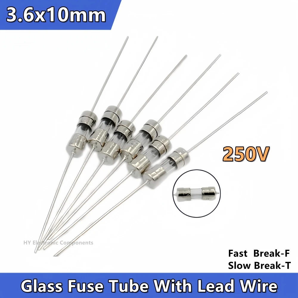 20PCS 3.6*10 3.6x10 5x20 mm 250V 0.5A 1A 1.5 2A 3.15A 4 5A 6.3A 8A 10A 15A 20A F/T Fast/Slow blow Glass Fuse Tube With Lead Wire