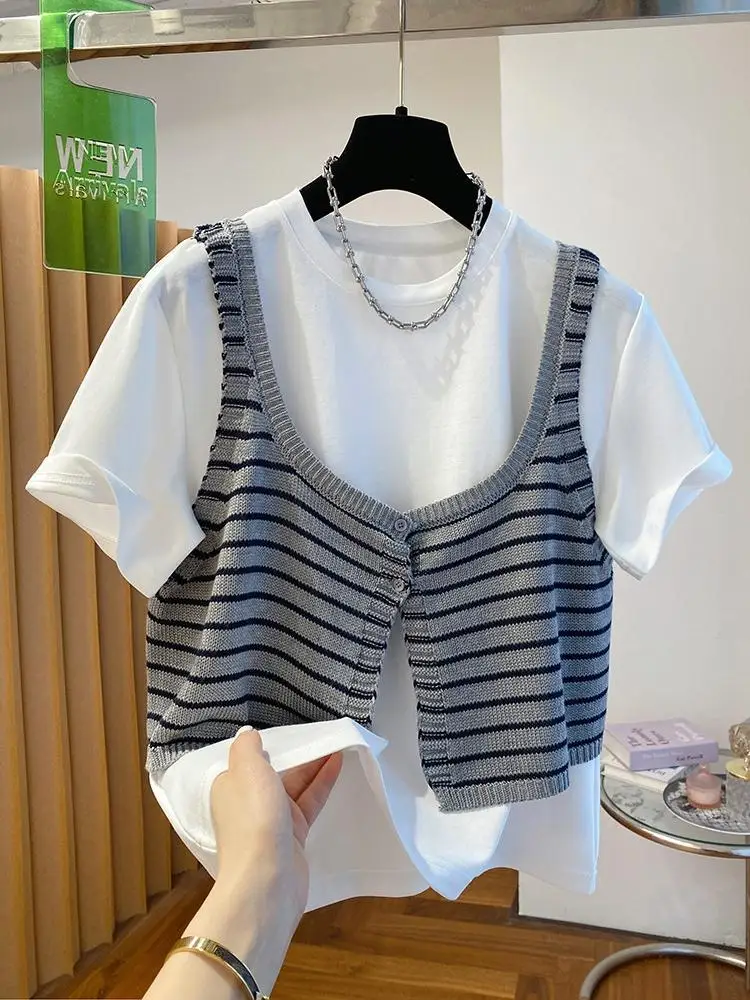 

2026 New Women 2Pcs Cami & Short Sleeve T-shirt Set Summer Popular Cute Age-reducing Fashion Casual Tops